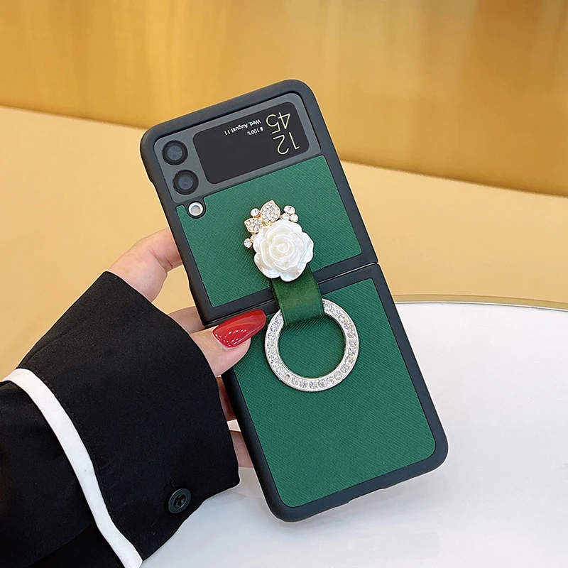 

Retro Green Case for Samsung Zflip3 Mobile Phone Cover Shell Ring Anti-fall F7110 Luxury Rhinestones for Galaxy Z Flip 3 Cases