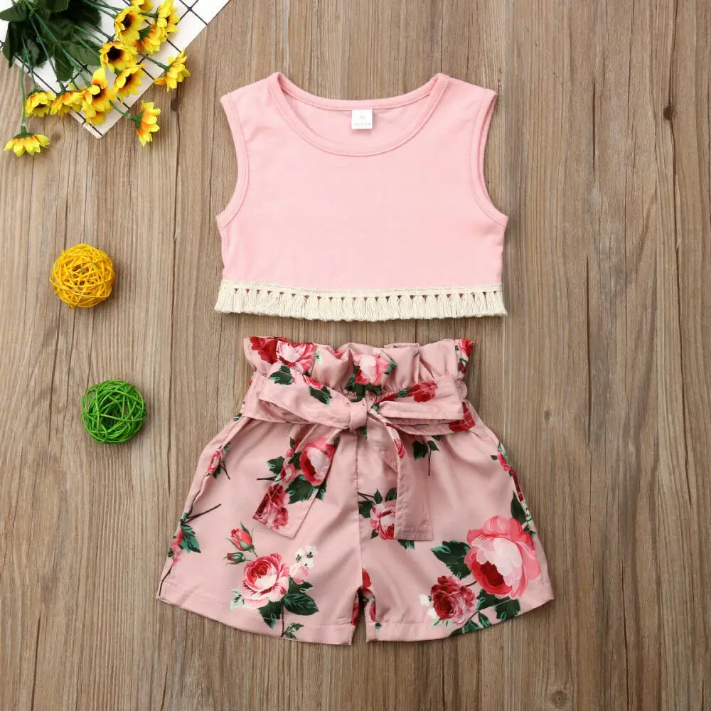 

Toddler Kids Baby Girls Tassel Vest Tops Floral Shorts Pants Outfits 2Pcs Sunsuit Children Sets Casual Clothes