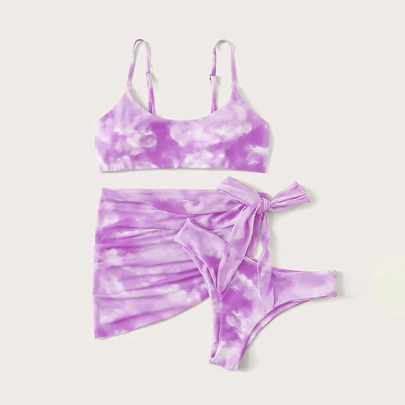 

Fors Tie-dye swimwear women Halter push up sexy bikini Skirted swimsuit female Mesh triangle bathing suit Bandage swim wear new
