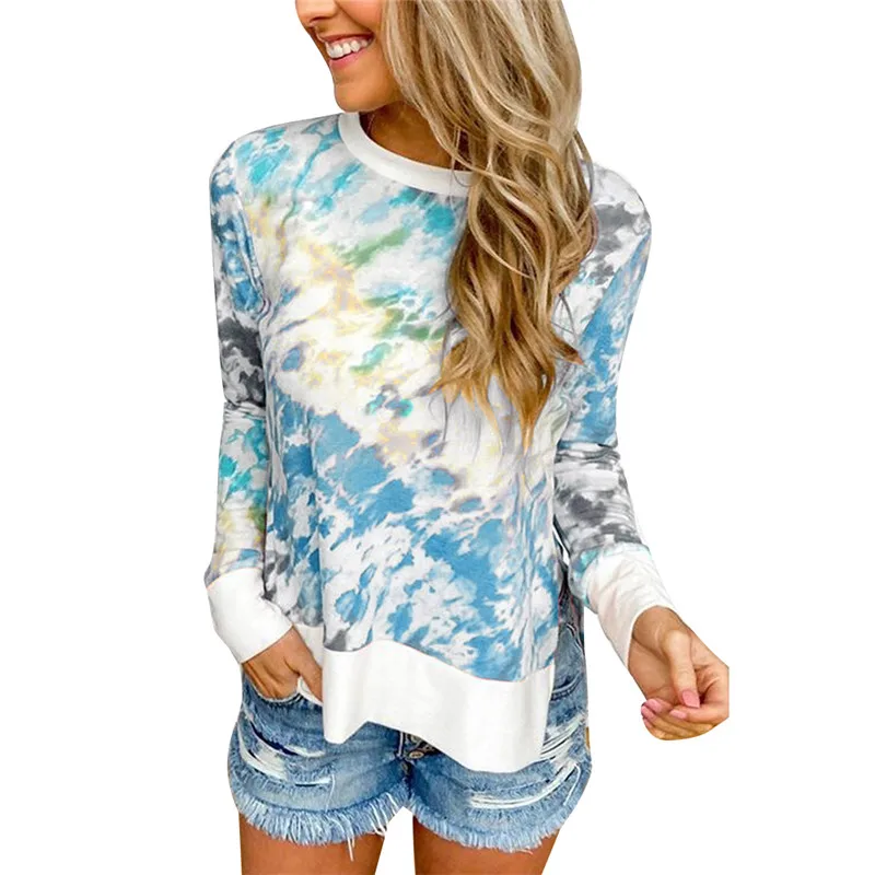 

Fashion Tie Dye Print Long Sleeve Pullover Tops Casual Women Girls Sweatshirts for Spring Autumn Female Round Neck Split Hem Top