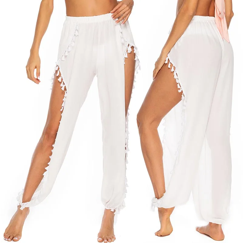 Повседневные брюки с кисточками женские широкие разрезом летние пляжные