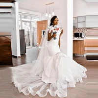 pure white aso ebi wedding dresses sleeveless mermaid with train puffy tiered tulle long bridal wedding gowns 2021