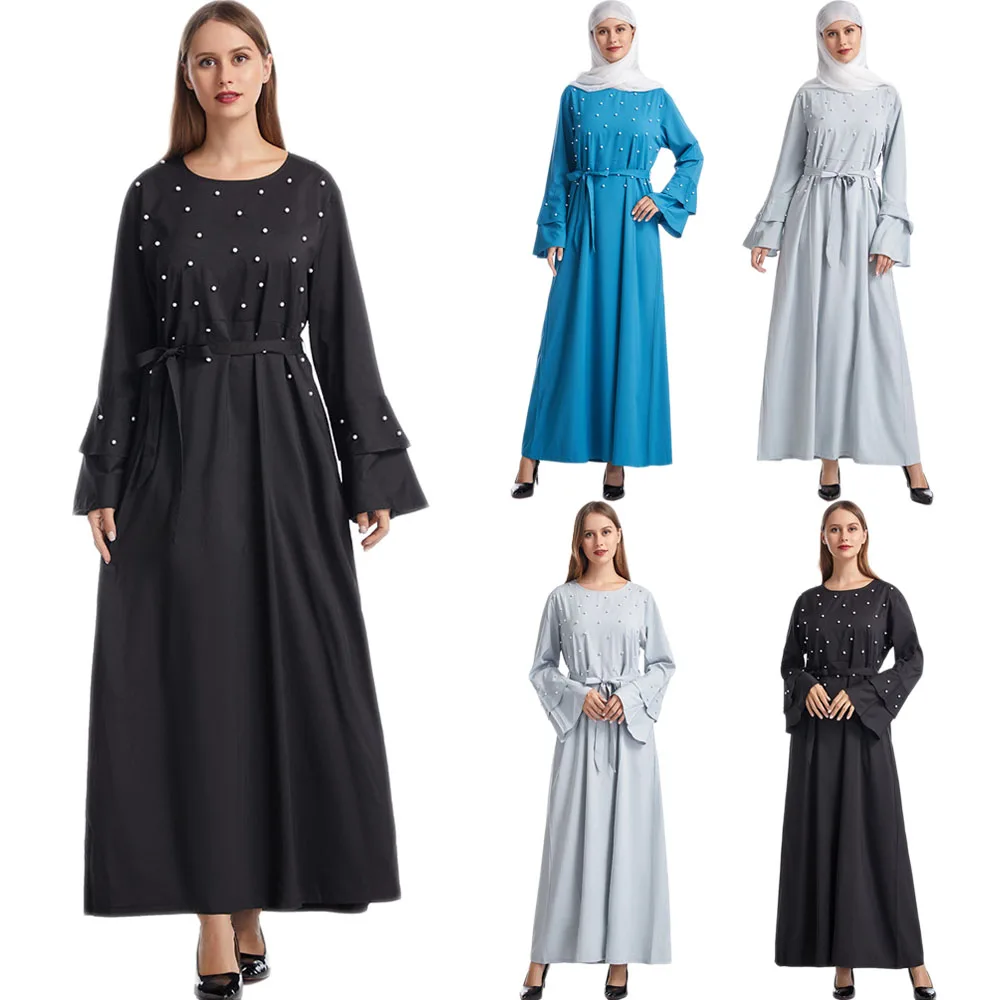 Рамадан, Мусульманский Стиль, женское длинное платье с расклешенными рукавами и бусинами, кафтан в этническом стиле, Средний Восток, Платье ...