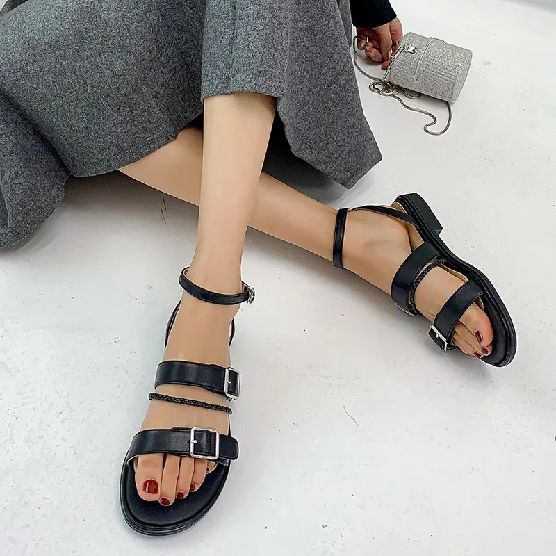 

Asumer 2021 New Arrive Sandals Women Genuine Leather Shoes Buckle Comfortable Flat Sandals Summer Casual Shoes Ladies Black