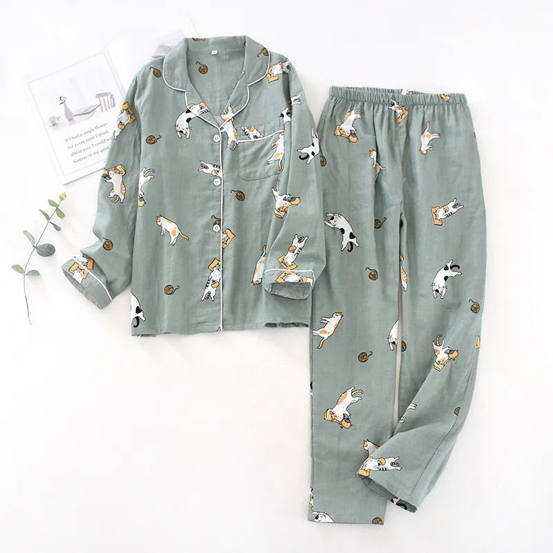 

Button Pajamas For Women Turn-down Collar Pajamas Set 2 Pieces Sleepwear Cotton Homewear Cardigan Cat Printed Femme Costumes