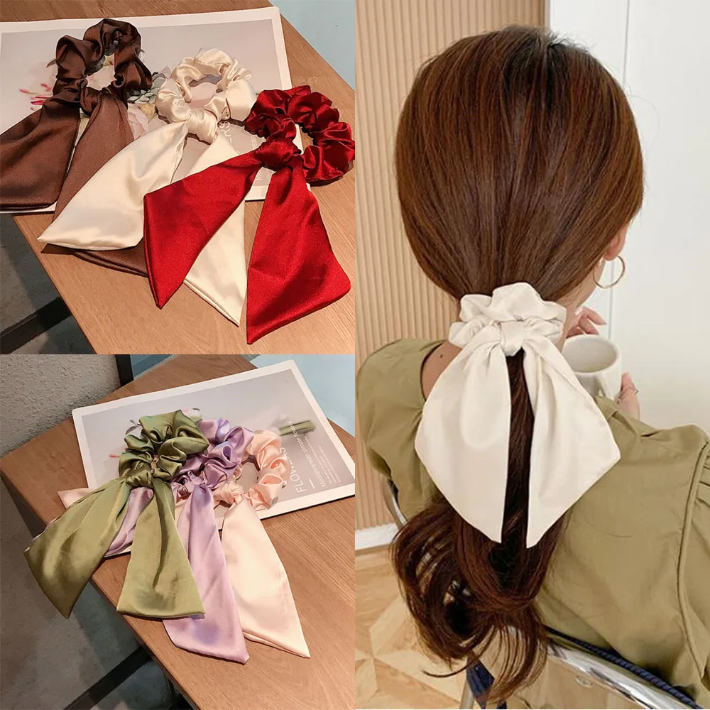 

1PC Satin Silk Solid Color Scrunchies Elastic Hair Bands 2021 New Women Girls Hair Accessories Ponytail Holder Hair Ties Ribbon