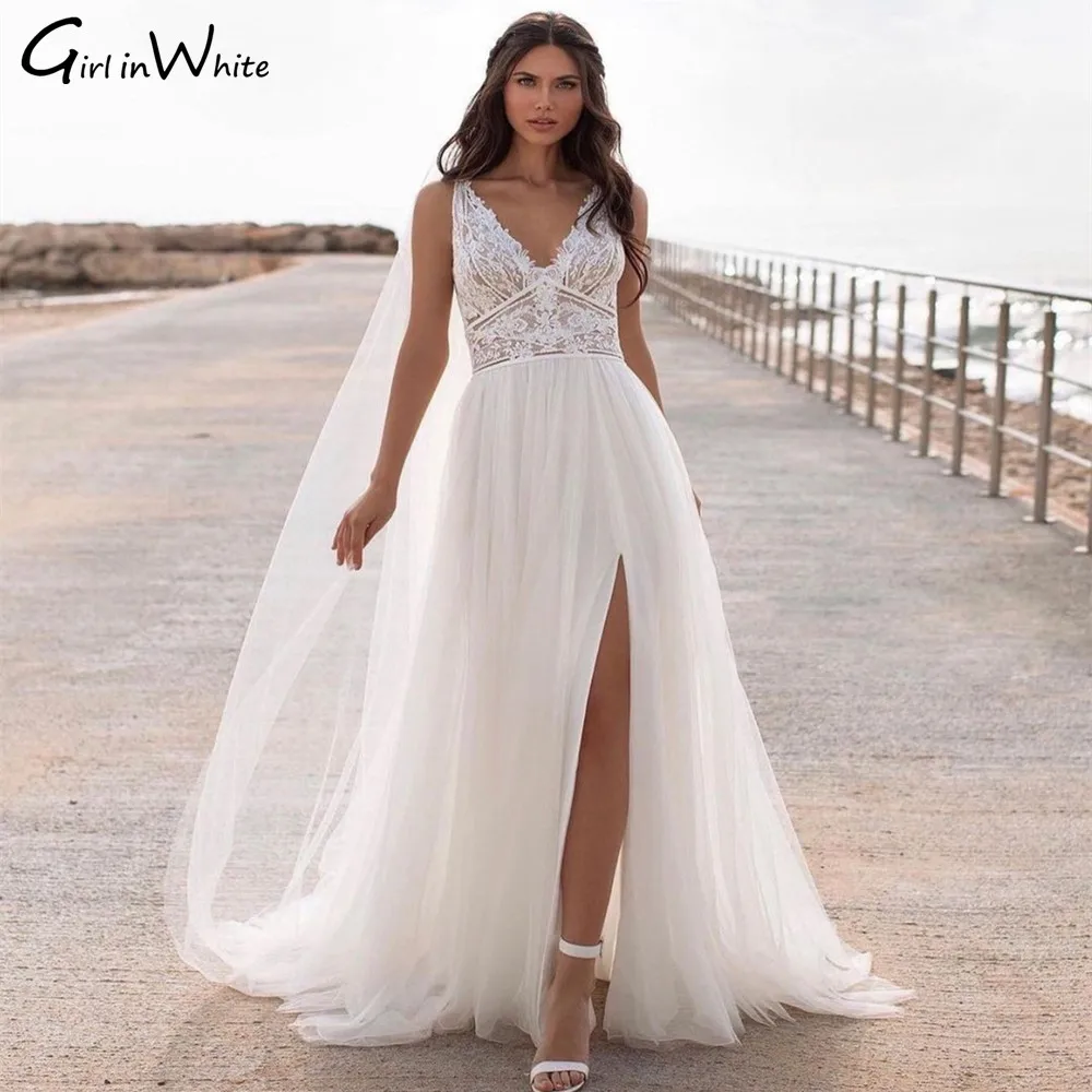 

Unique Design Bohemian Wedding Dress Lace 2021 Split Tank Organza Sleeveless A-Line Vintage Civil Bridal Gown Boho Charming Robe