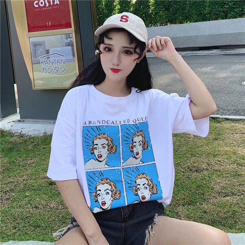 Свободные мультфильм печати эстетическое женская футболка Harajuku с круглым