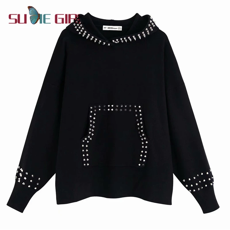 

SUDIE Girl Street style fashion autumn and winter new women's rivet decorative hedging knitted hooded loose jacket with hat