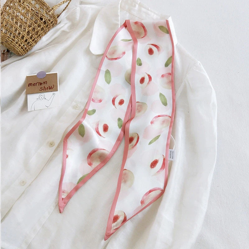 

Summer Fruit Printing Silk Grace Long Ribbon Bow Lady Headdress Scrunchie Ponytail Holder Tie Women Silk Scarves Hair Band 2021