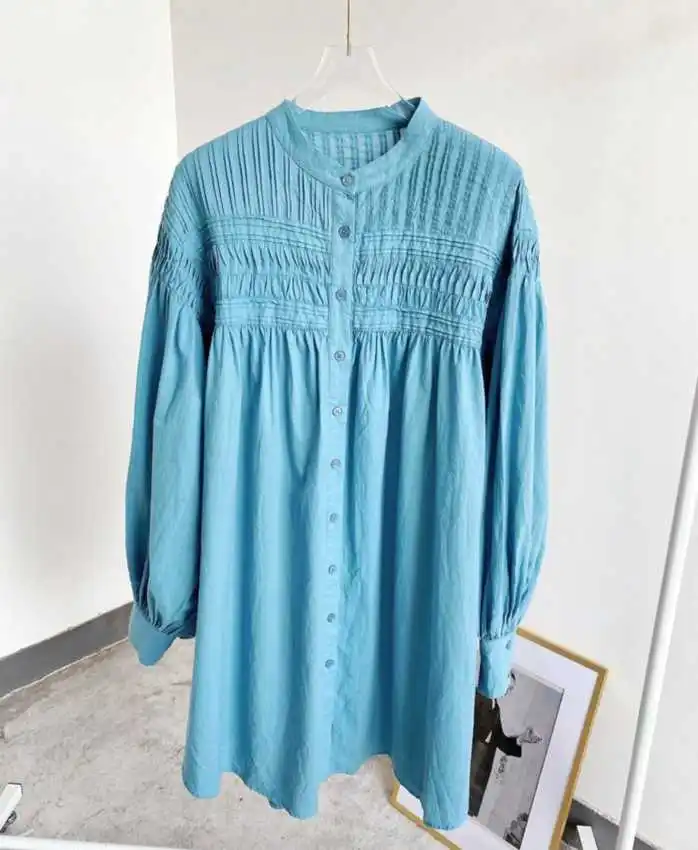

2021 Blue Oversized Short Shirt Dress Front Buttons o neck pleated Long Sleeves women dress