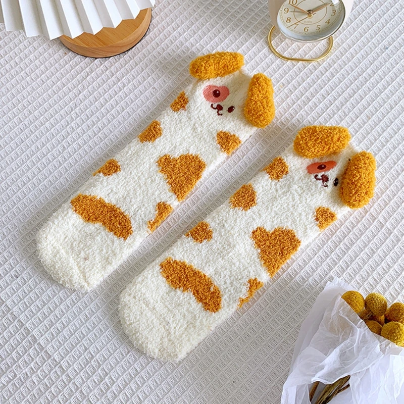 

Korean Style Women Winter Fuzzy Slipper Socks Cartoon Pudding Dog Embroidery Thick Fluffy Coral Velvet Floor Sleeping Hosiery