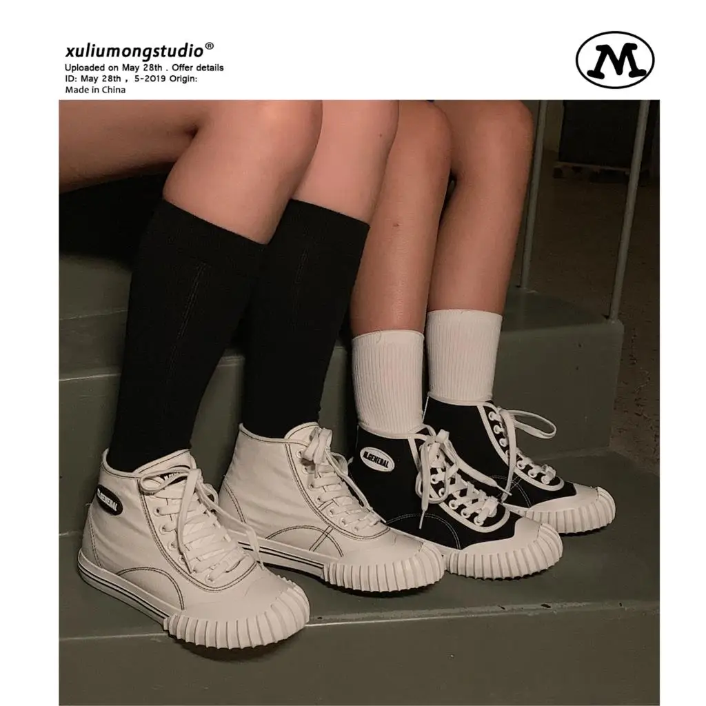 Ins/парусиновая обувь на высоком каблуке Женская черно белая в стиле ретро