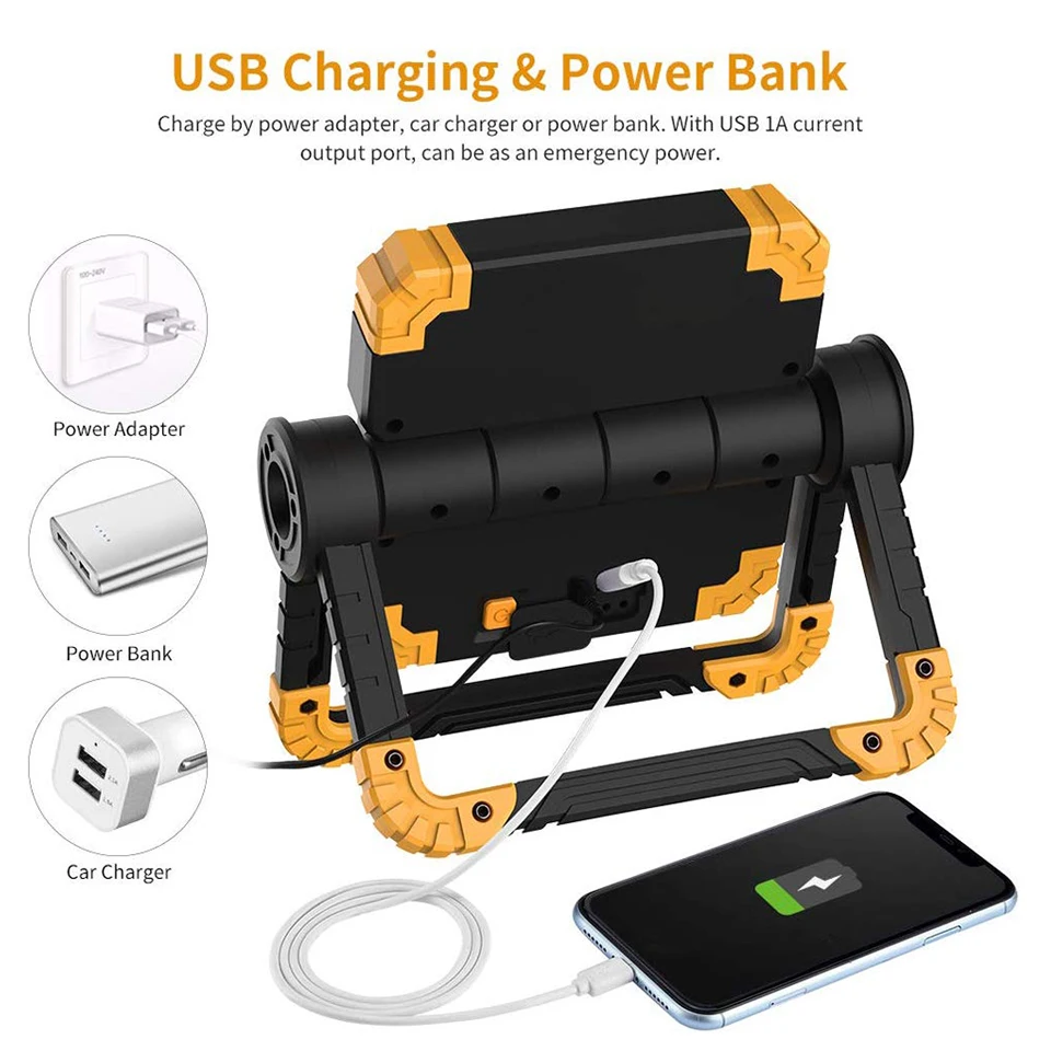구매 150W USB 충전 작업 조명 2000lm 접이식 회전 야외 휴대용 더블 헤드 COB 낙하 방지 홍수 빛 탐조등 캠프