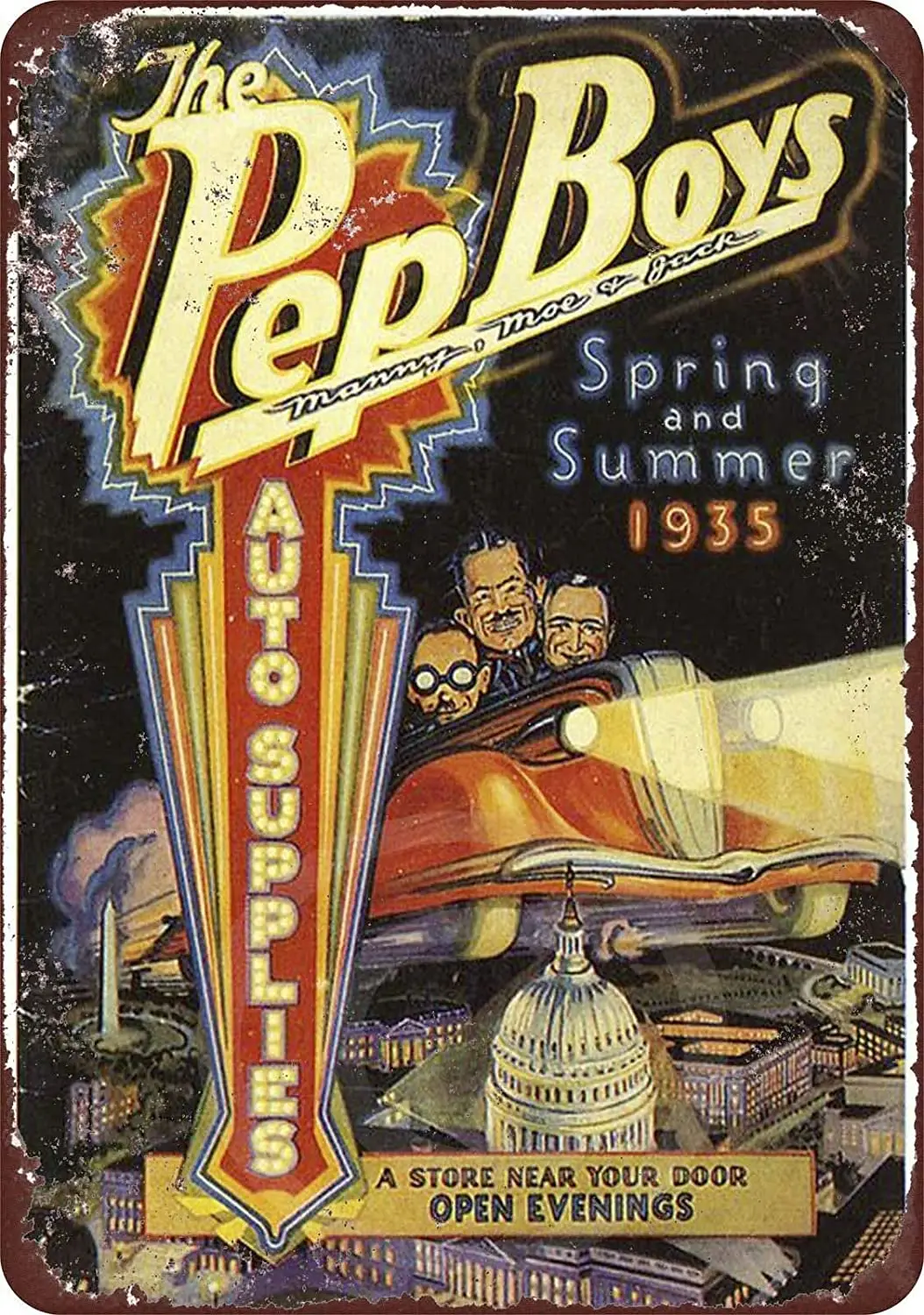 

Tin Sign 8 x 12 for Home Ranch Garage Farm Basement Bar Indoor Wall Decor 1935 Pep Boys Auto Supplies Vintage Look Metal Signs