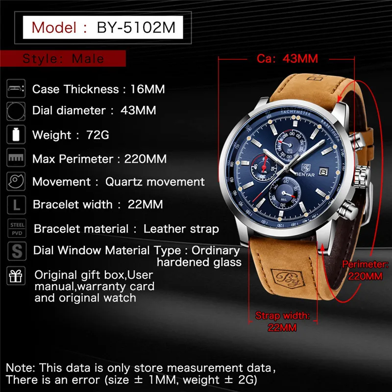 BENYAR 2022 New Mens Watches Top Luxury Brand Quartz Chronograph Watch Men Fashion Military Sport Leather Clock Reloj Hombre | Наручные
