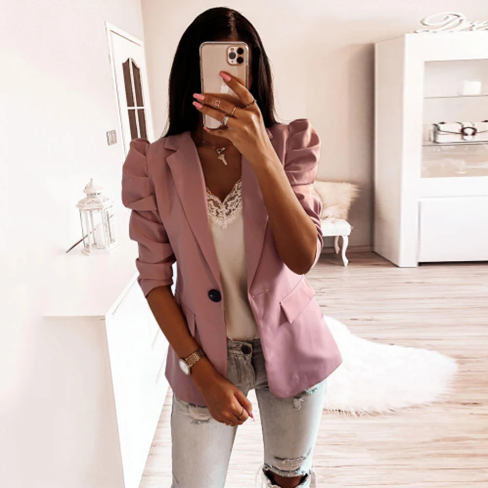 

Women Casual Pink Coat 2020 Spring Summer Fashion Lapel Sleeve Half Sleeve Coat Slim Fit Single Button Pleated Jacket Q30