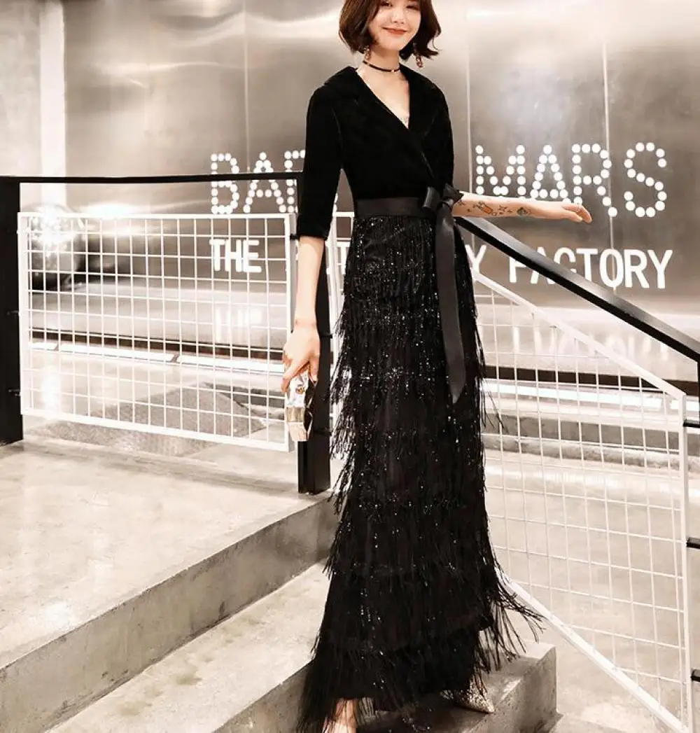 

Mermaid Evening Party Gown V Neck Tassel Velvet Dress Elegant Mesh Dress Host Temperament Dress