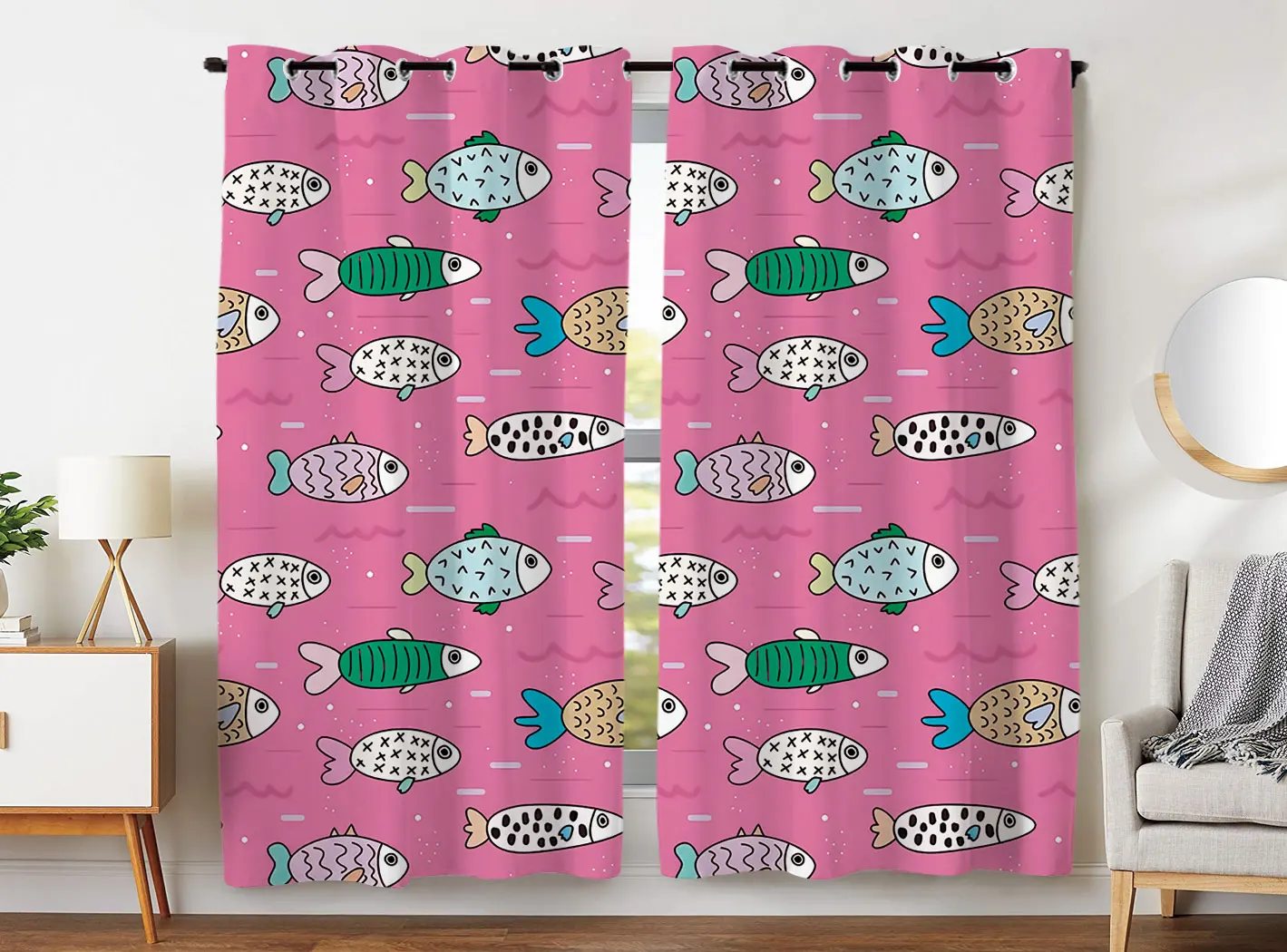 

HommomH blackout curtain (2 panels) high quality fabric curtain on top of grommet dark shade cartoon cute fish pattern