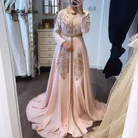 bbonlinedress pink moroccan kaftan evening dress sleeves high collar embroidery long arabic muslim formal gown robe de soiree