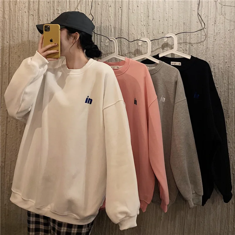 

Pink Letter Print Pullover Streetwear Plus Size O Neck Sweatshirt Women Loose Harajuku Vintage Warm Long Sleeve Tops USA Style