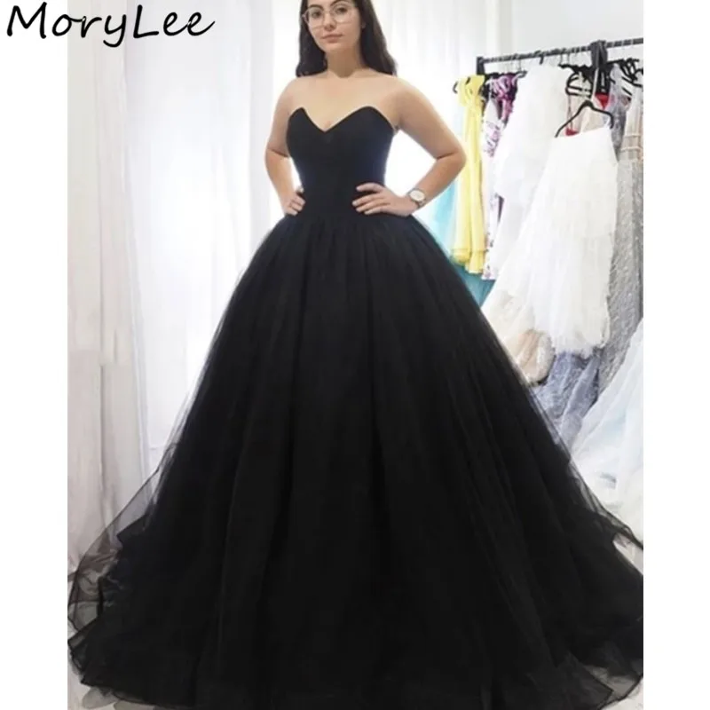 

Prom Dresses Black Sweetheart Sleeveless A-Line Sweep Train Tulle Prom Dresses With Zipper Back vestidos de fiesta de noche