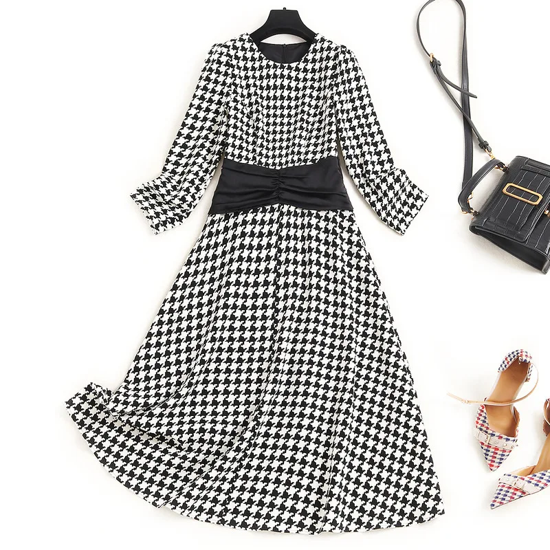 

Новинка 2020 осеннее женское элегантное платье контрастных цветов черный пояс с геометрическим рисунком платье трапециевидной формы, с прин...