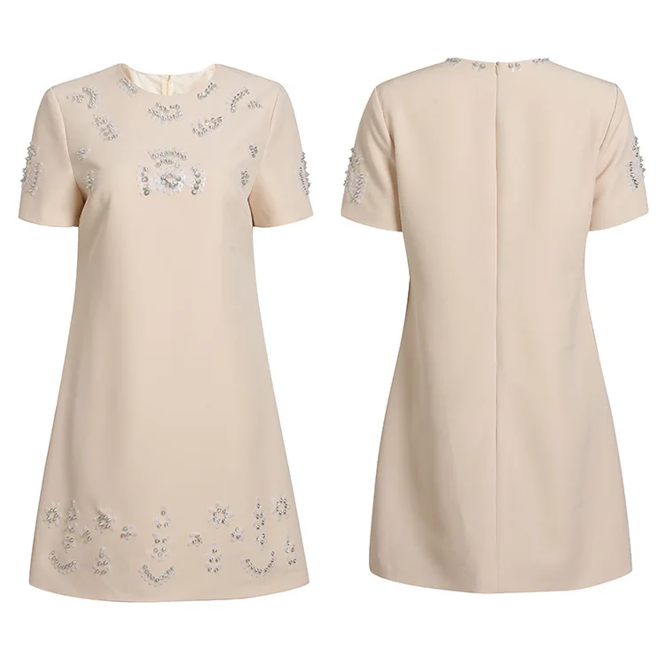 

Women's 2021 Early Autumn New Beaded Embroidered Round Neck Short Sleeve White Dress High Street Sweet Elegant Dress
