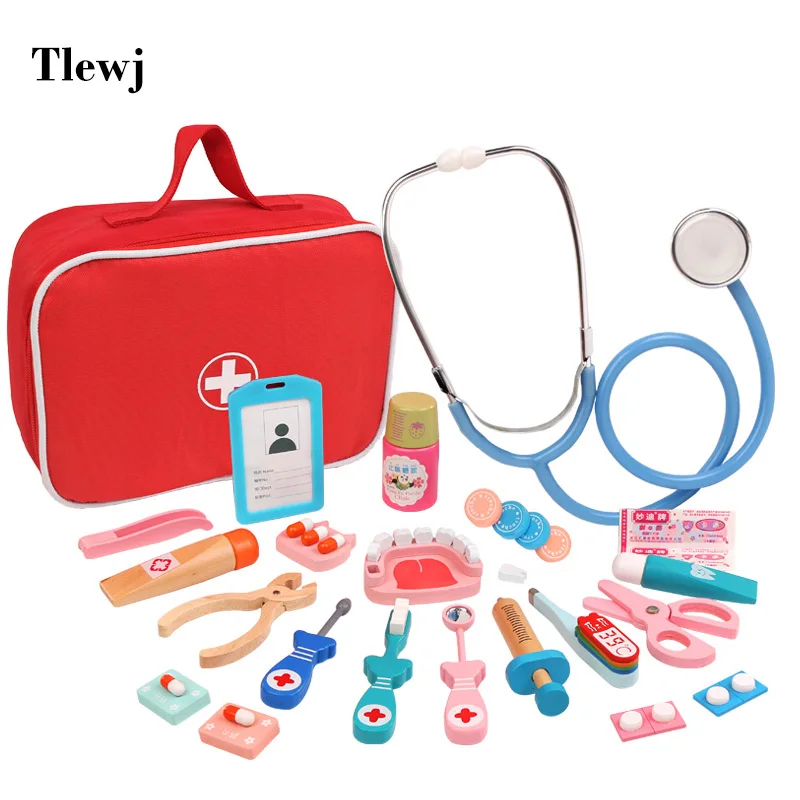 Children Wooden Dentist Doctor Pretend Play Toys Kit Nurse Role Act Game Set Simulation Medical Accessories Bag For Boy Girl Kid