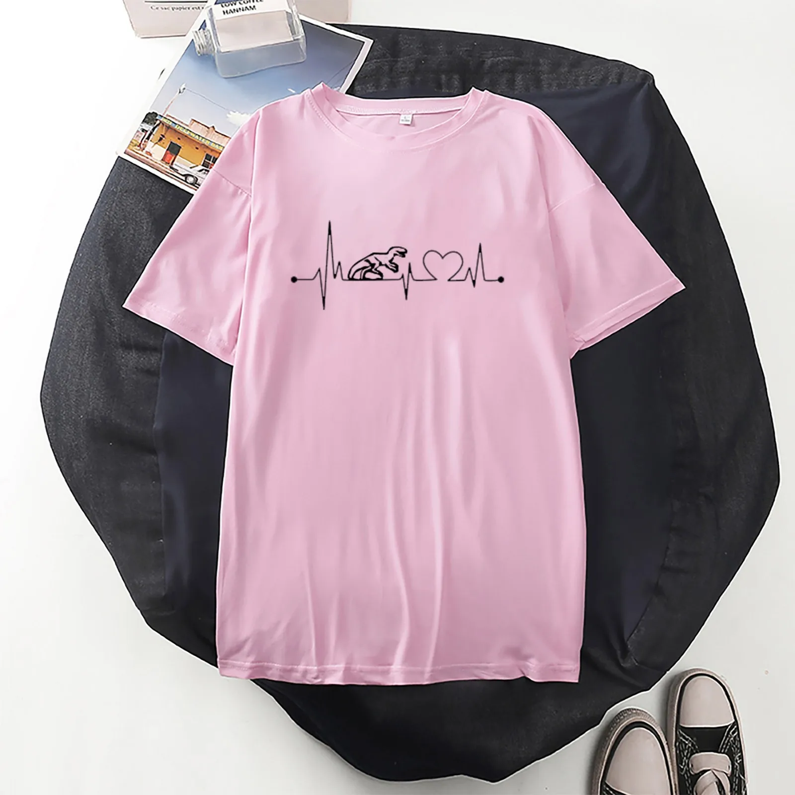 

Summer Casual Tee Shirt Tops For Women 2021 Dinosaur Heart Print O-Neck Short Sleeve Loose Oversize T-shirt New