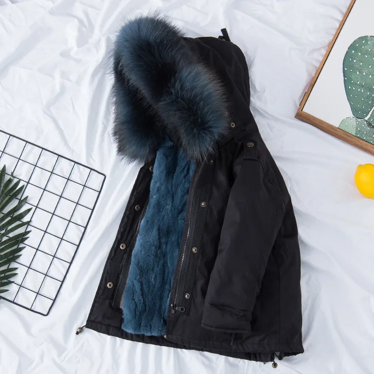 Black top navy blue Г. Детские куртки из натурального кроличьего меха зимние пальто для девочек со съемной подкладкой из натурального меха, куртка для малышей меховой воротник енота - Цвет: Black top navy blue