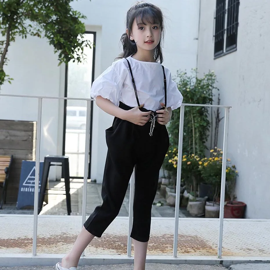 Весенняя одежда для девочек белая блузка + комбинезон комплект из 2 предметов