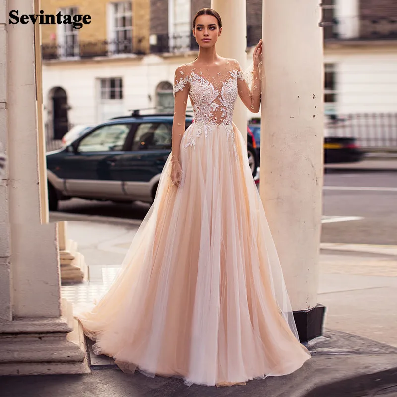 

Sevintage Colorful Boho Wedding Dresses Appliques Lace Beaded Bride Dress Illusion Long Sleeves Buttons Back Wedding Party Gowns