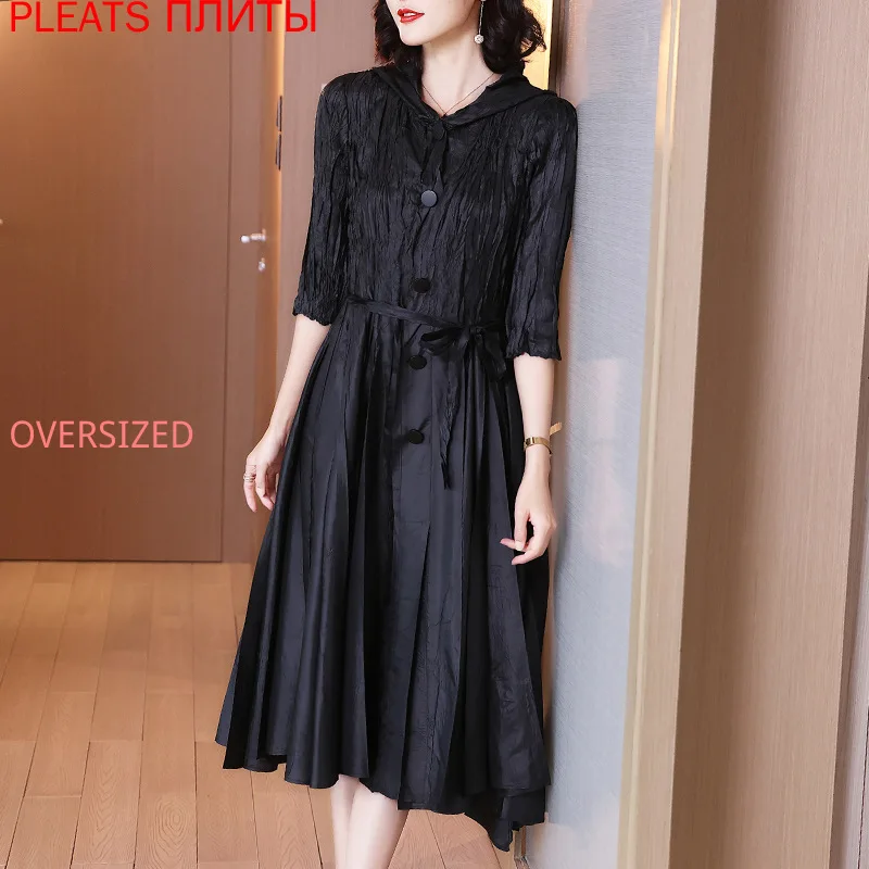 

Noble Lady Temperament Plus Size Dress Spring New Female Slim Slimming Mid-length High-end MIYAKE Pleated Hood Pleats Vestido