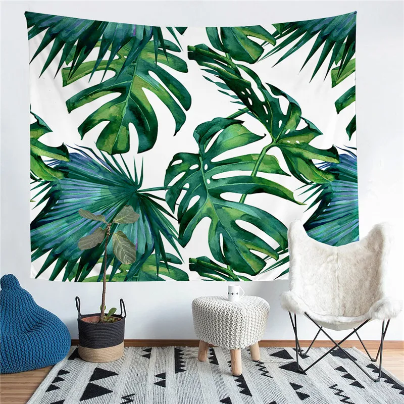 

Украшение для гостиной с принтом зеленых и пышных листьев, настенный гобелен, коврик для йоги, ковер, домашний декор, искусство