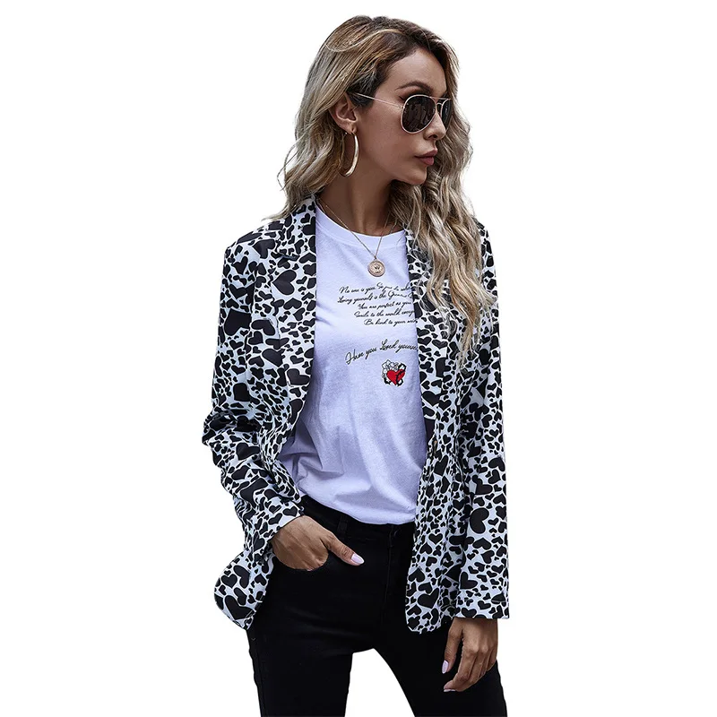 

EuropeanWomen's Clothing Slim Heart Printing Leisure Fashion Single-Breasted 2020 Autumn and Winter Long Sleeve Suit Coat Female