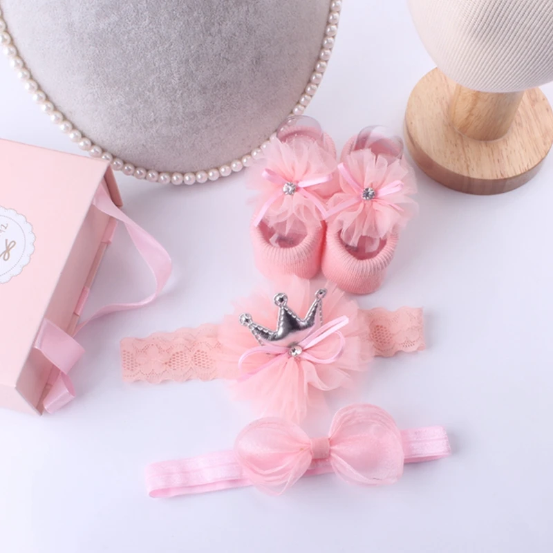 

3Pcs/Set Lace Flower Baby Girl Headband Socks Set Crown Bows Newborn Hairband Headbands For Girls Turban Baby Hair Accessories