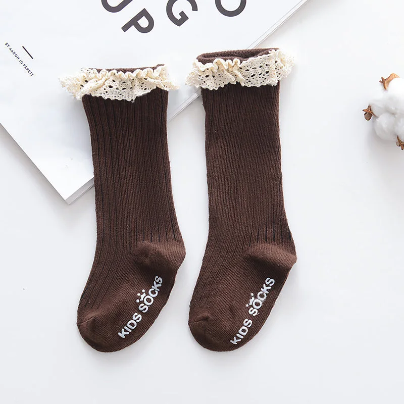 lace coffee Теплые зимние кружевные Хлопковые гольфы для малышей рождественские нескользящие носки для малышей домашние тапочки гетры для мальчиков и девочек, длинные носки - Цвет: lace coffee