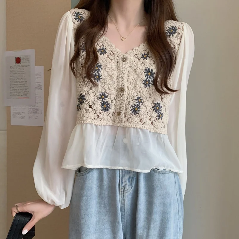 Блузка женская с длинным рукавом V-образным вырезом | Женская одежда