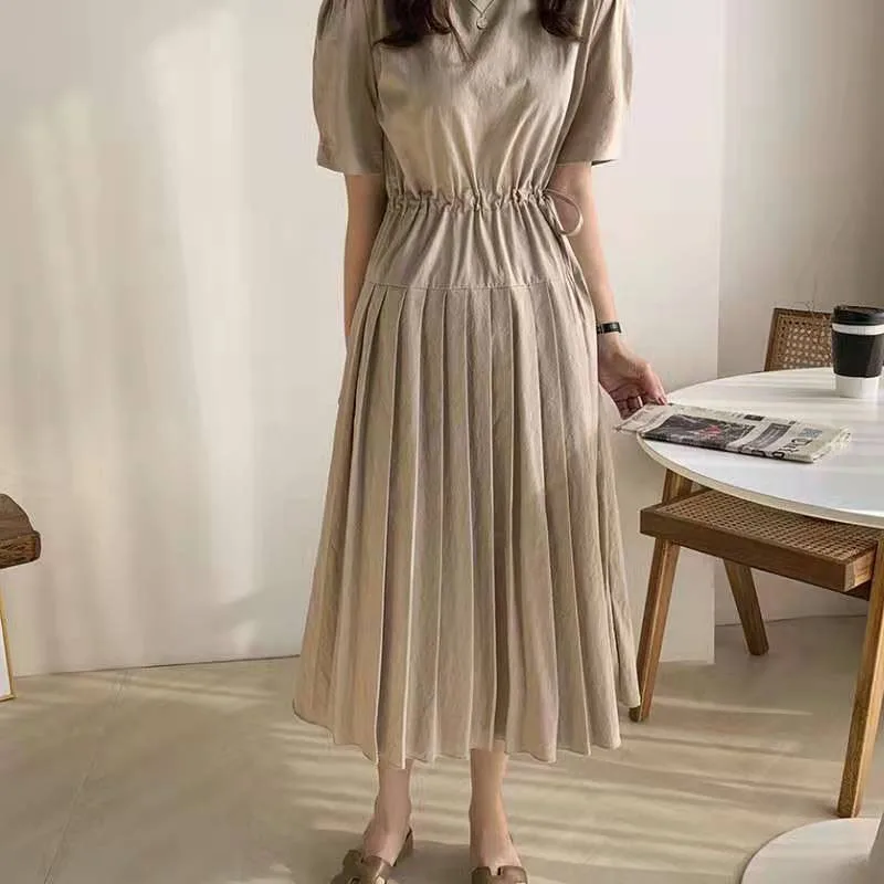 Verano cuello redondo Cordón de encaje-diseño de cintura, Vestido largo de costura, vestido coreano Chic temperamento suave de manga Puff vestido plisado