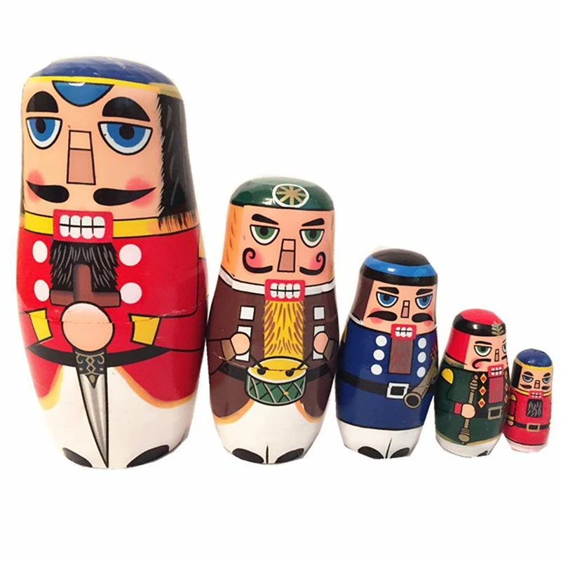 

5Pcs/Set Nutcracker Handmade Wooden Russian Nesting Dolls Matryoshka Kids Education Toys Home Table Decor Craft