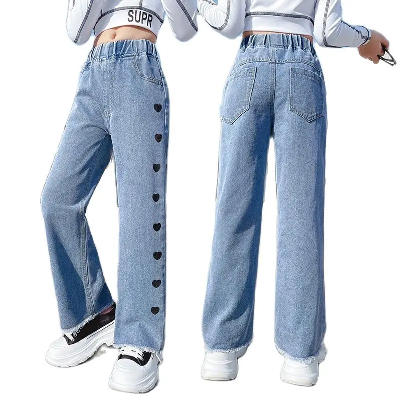 

Джинсы для девочек-подростков, широкие, мешковатые, полной длины, со средней талией, на возраст 13, 14, 15, 16 лет, брюки с сердцем