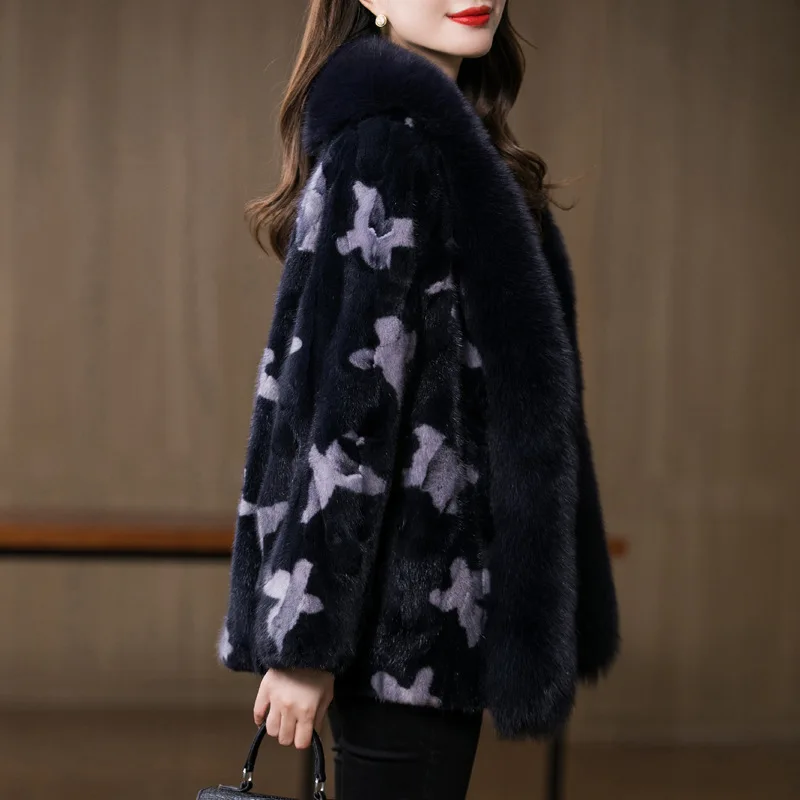 2021 Fashion Mink Fur Coats Fox Fur Collar Dark Blue Print Jackets Warm High Quality Luxury Ladies Outwear Winter Jackets