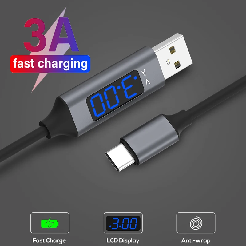 

Кабель USB Type-C 3A, светодиодный шнур для быстрой зарядки и передачи данных с цифровым дисплеем напряжения для Xiaomi 11, Huawei P40