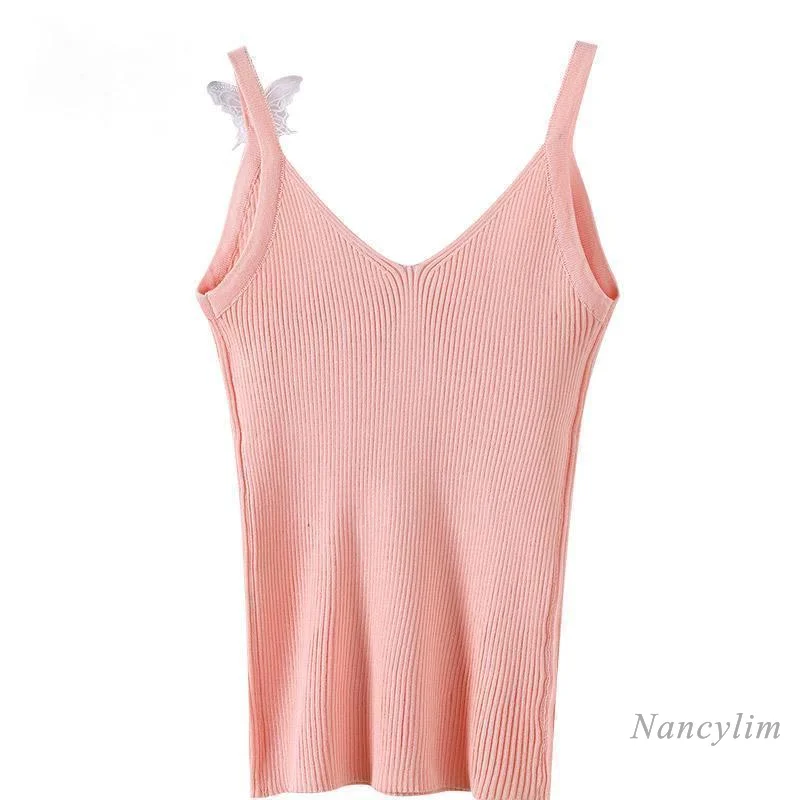 Knitted Vest Inner Match Slim Strap Top All-Match Bottoming Shirt for Women Pink Flower Patch Camisoles Slim Fit Nancylim