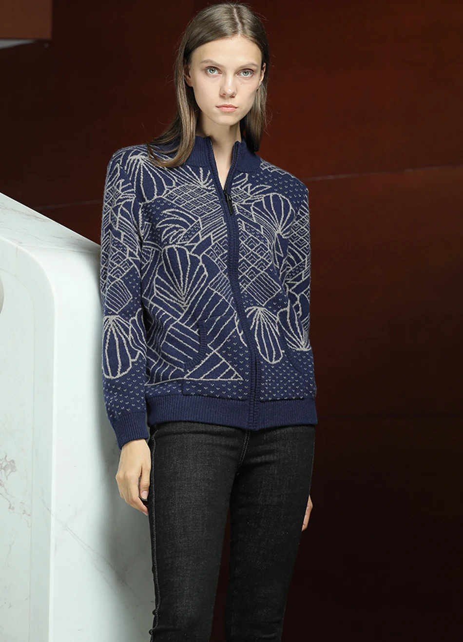 Navy Blue RONGFANGZI Inner Mongolian Cashmere Sweater Women Cardigan Zip Pockets Ribbed Collar Cuffs Hem Winter Thick 12 Gauge Knit Slava - Цвет: Navy Blue