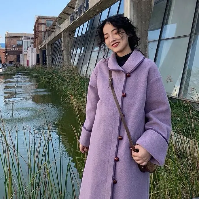 

Autumn Hibiscus Purple Mid-Length Woolen Overcoat Elegant Vintage Women Coats Single Breasted Chic Loose Outerwears