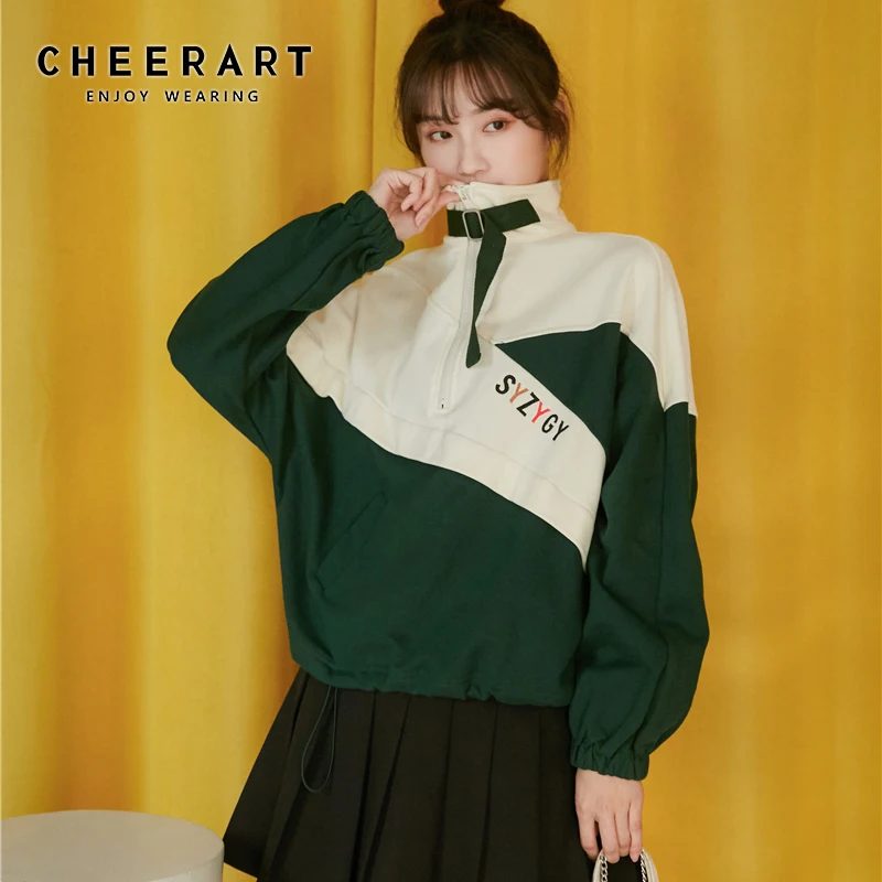 

Толстовка CHEERART с цветными блоками, Женский Топ в стиле пэчворк, толстовка с длинным рукавом и вышивкой буквами, Толстовка на шнурке, свободн...
