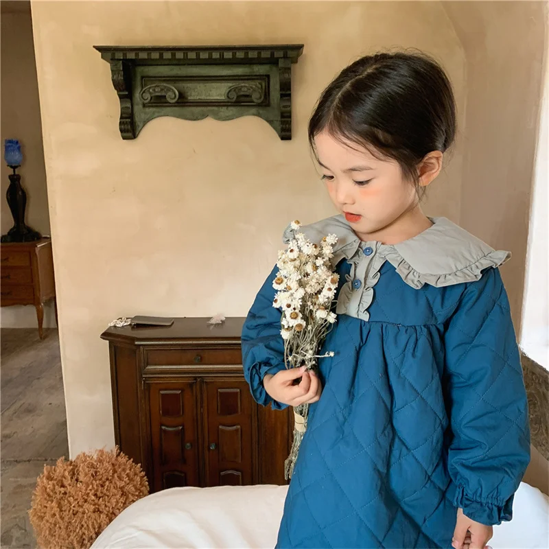 

Girl Dress Children Clothes Evening Gown 2021 Blue Thicken Plus Velvet Winter Outwear Cotton Vestido Robe Fille Flower Girl Dres