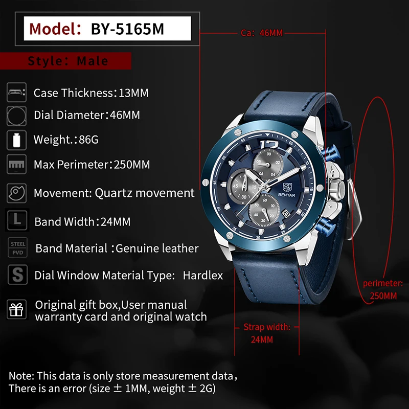 

BENYAR DESIGN Top Brand New Men Watch Gold Silver Luxury Watch Automatic Date Clock Double Needle Running Seconds Precise Timing